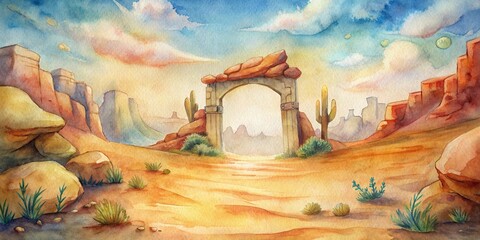 Desert gate landscape cartoon in wild west watercolor , desert, gate, landscape, cartoon, wild west, watercolor, desert landscape, western,canyon, arid, dry, wild, west, western gate