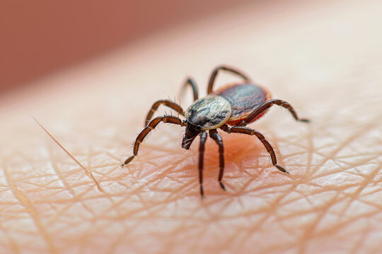 Tick on human body background, scary insect on skin, close up of danger ixodes mite on hand. Theme of animal, bite, encephalitis, disease, nature.