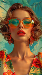 Fototapeta premium Retro style pastel colors summer background. Fashion woman wearing big sunglasses.