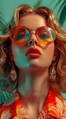 Obraz premium Retro style pastel colors summer background. Fashion woman wearing big sunglasses.