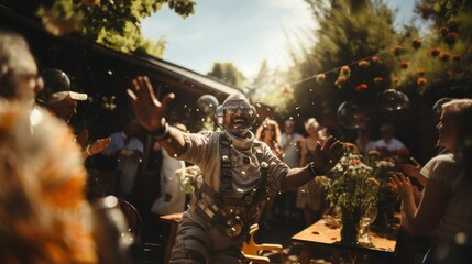 Obraz premium People having a great time dancing with outstretched arms at an outdoor garden party on a sunny day