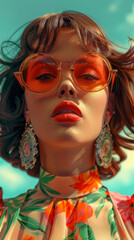 Obraz premium Retro style pastel colors summer background. Fashion woman wearing big sunglasses.