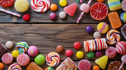 Colorful candies and sweets on wooden table.