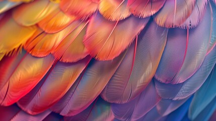 Generative AI, Beautiful rainbow colorful closeup feathers, photorealistic background, top view, aerial view.