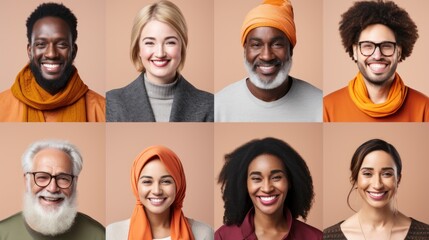 An array of happy and smiling faces of diverse people, showcasing various ethnicities, ages, and styles in a collage
