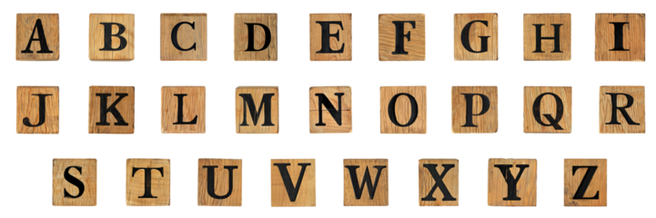 English character png on wooden block collection set no background for sample decoration.