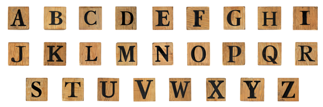 English character png on wooden block collection set no background for sample decoration.