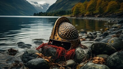 A historical Viking helmet is placed artistically among smooth rocks by a tranquil lake, evoking ancient times