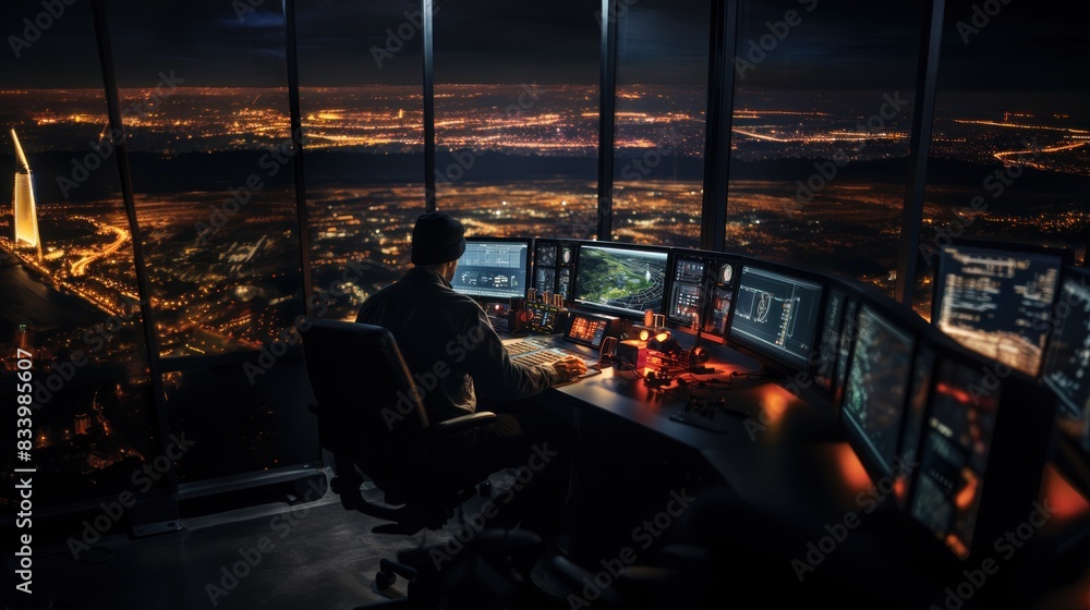 Poster a controller keenly observes multiple screens overlooking a brightly-lit cityscape at night in a sop