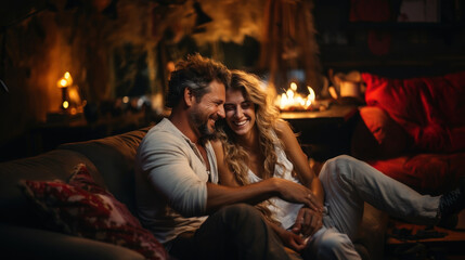 A couple in a cozy living room share a moment of happiness, laughing together by a warm fireplace
