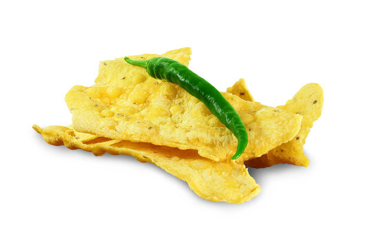 indian gujarati traditional tea time snack food fafda or fafda papdi,papadi with chili,cutout in transparent background,png format      