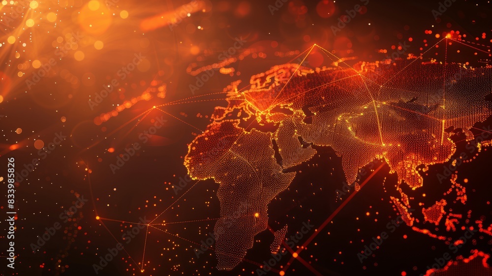 Poster abstract orange mesh lines and dots over world map
