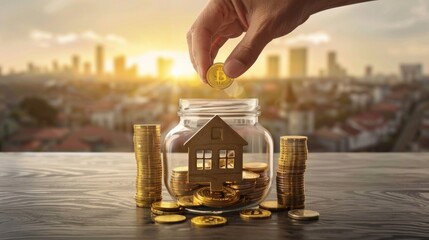 Saving money for future concept. House with gold coins currency in glass jar and Property or real estate investment. Home mortgage loan rate