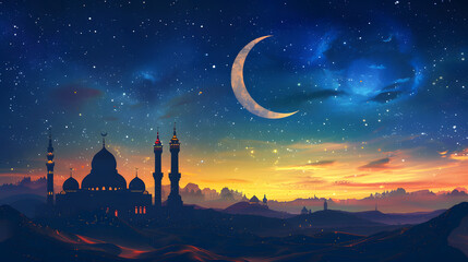 Fototapeta premium Beautiful illustration of a crescent moon and stars over a mosque, symbolizing the holy month of Ramadan Kareem with a serene night sky