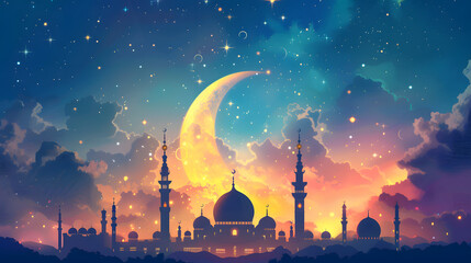 Beautiful illustration of a crescent moon and stars over a mosque, symbolizing the holy month of Ramadan Kareem with a serene night sky