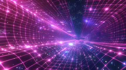Synthwave wireframe net illustration. Abstract digital background. 80s, 90s Retro futurism, Retro wave cyber grid. Deep space surfaces. Neon lights glowing. Starry background. Vector 3D Rendering