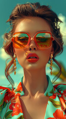 Retro style pastel colors summer background. Fashion woman wearing big sunglasses.