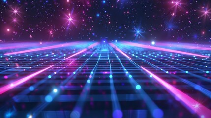 Synthwave wireframe net illustration. Abstract digital background. 80s, 90s Retro futurism, Retro wave cyber grid. Deep space surfaces. Neon lights glowing. Starry background. Vector 3D Rendering