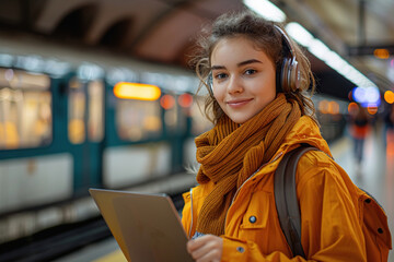 Young Woman Using Laptop While Waiting for Subway