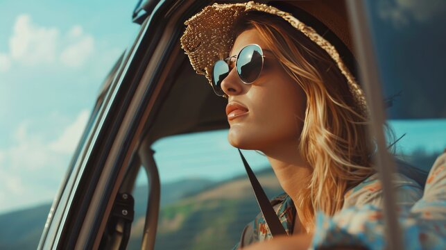 Young beautiful woman traveling by car in the mountains, summer vacation and adventure