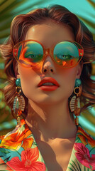 Retro style pastel colors summer background. Fashion woman wearing big sunglasses.