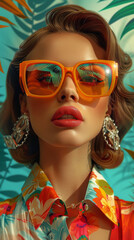 Retro style pastel colors summer background. Fashion woman wearing big sunglasses.