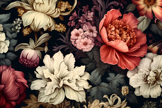 beautiful fantasy vintage wallpaper botanical flower bunch,vintage motif for floral print digital background.