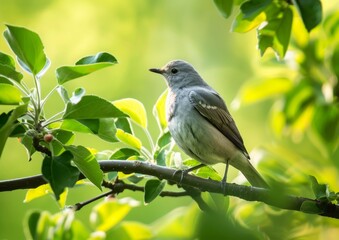 A gray bird perched on the branch of an apple tree, surrounded by green leaves Generative AI