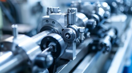 Naklejka premium Close-up of precision machinery in a manufacturing environment, showcasing advanced technology and engineering.