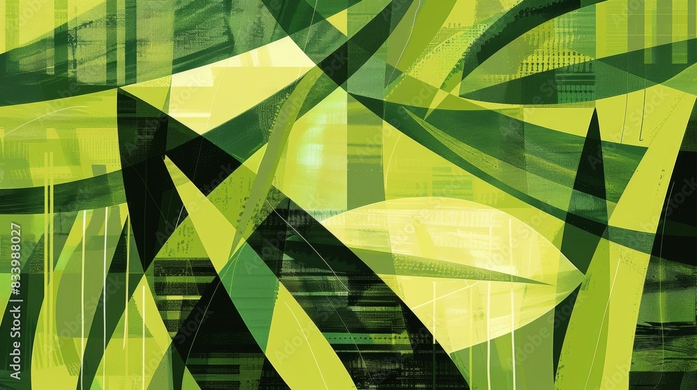 Poster an abstract representation of a leaf with bold lines and geometric shapes in shades of green.
