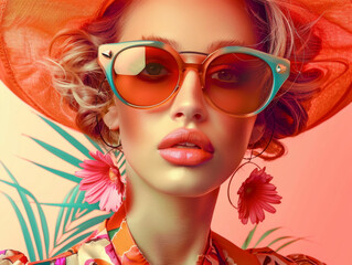 Obraz premium Retro style pastel colors summer background. Fashion woman wearing big sunglasses.