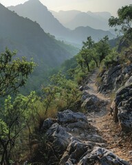 Obraz premium Embark on an adventure through rugged mountain trails where each step reveals a tale, amidst majestic landscapes and demanding paths, showcasing nature's resilience.