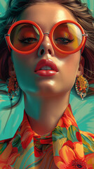 Obraz premium Retro style pastel colors summer background. Fashion woman wearing big sunglasses.