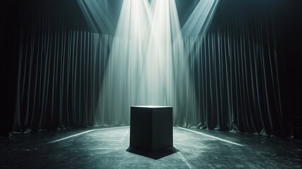 A dramatic stage setup with a spotlight shining on a single black box, surrounded by dark curtains and smoky atmosphere. Theatrical and mysterious scene.