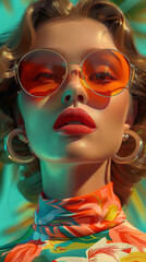 Fototapeta premium Retro style pastel colors summer background. Fashion woman wearing big sunglasses.