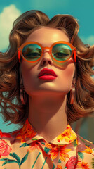 Obraz premium Retro style pastel colors summer background. Fashion woman wearing big sunglasses.