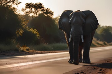 Obraz premium Walking Elephant. Single elephant walking in a road with the Sun from behind 
