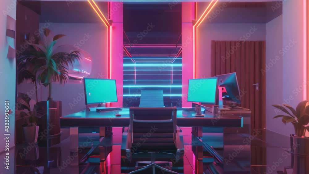 Poster room filled with computers and neon lights, creating a futuristic and vibrant atmosphere, a retro-fu