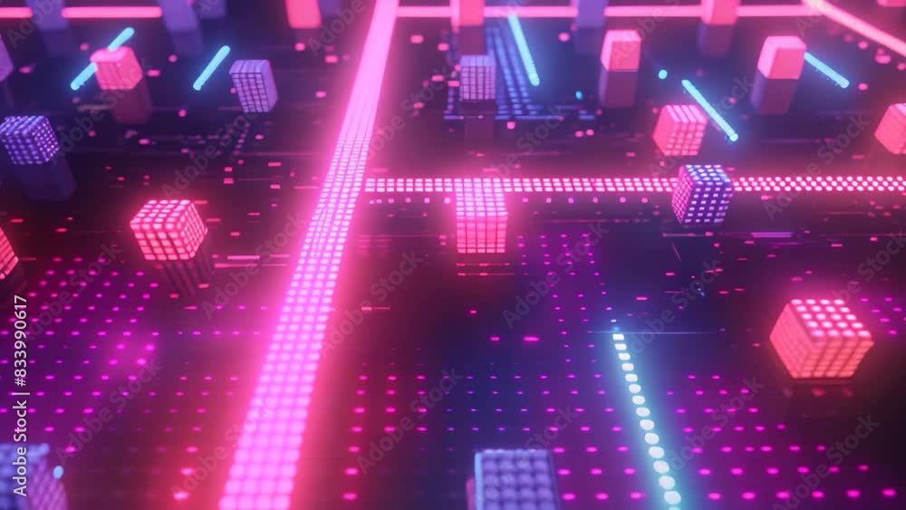 Poster a computer screen showcasing a retro s arcade game-inspired grid with neon lights of various colors,