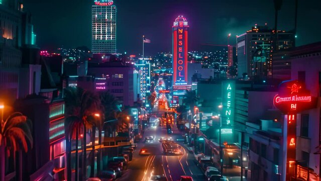 A city street illuminated by neon signs, crowded with lots of traffic moving at night, A retro-inspired city skyline with neon signs and vintage cars lining the streets below