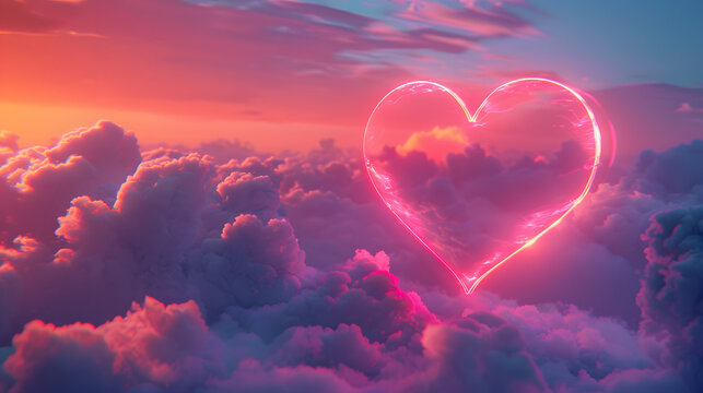 Heart shaped clouds in a blue sky, symbolizing love and romance 