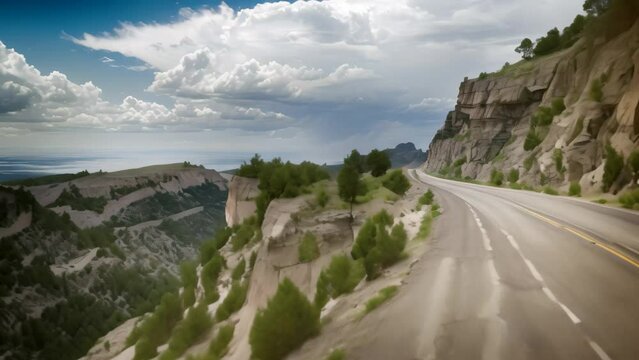 A view of winding road cutting through majestic mountains, showcasing the rugged terrain, A road trip adventure with stops at scenic lookout points