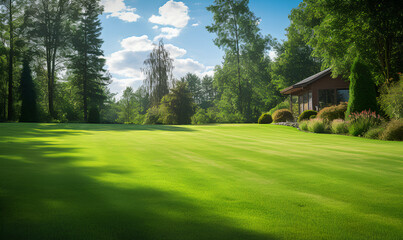 Obraz premium Beautiful wide format image of a manicured country lawn surrounded by trees and shrubs on a bright summer day. Spring summer nature. 