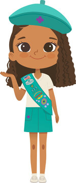 Smiling African American girl scout wearing sash with badges isolated on white background. Junior ligue Scout Girls troop
