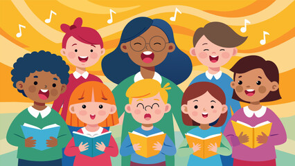 The vibrant energy and infectious enthusiasm of a childrens choir performance as they joyfully belt out catchy tunes and catchy choruses.. Vector illustration
