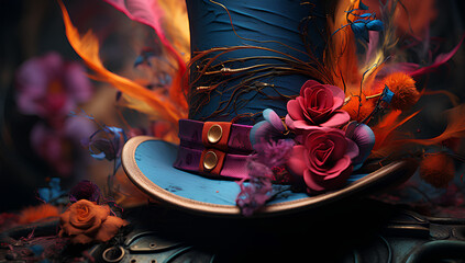 Close-up of a cracked colourful vintage top hat amidst whimsical flowers. Mad hatter vibe background
