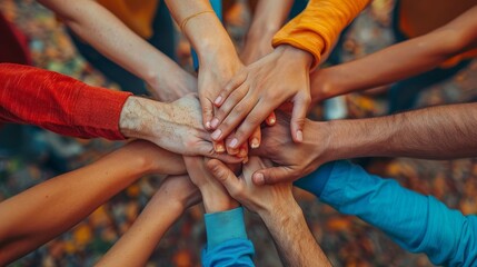 Close up top view of young business people putting their hands together. 