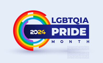 2024 LGBT Pride Month. Round logo consisting of stripes Realistic vector Pride label, ribbons with rainbow colors. Vector poster, banner Love is love. LGBT event banner template.