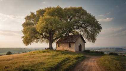 Beautiful panoramic view of a small chapel with a tree in the foreground.
