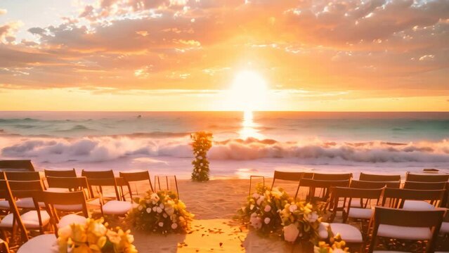 A wedding set-up on the beach at sunset, with crashing waves in the background, A romantic sunset beach ceremony with crashing waves in the background